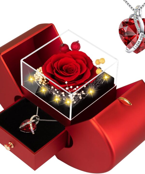 Preserved Real Red Rose Birthday Gifts for Women Her Mom Wife Girlfriend Grandma with l Love You Necklace Eternal Forever Rose Flower on Anniversary Valentine's Day Mothers Day Christmas Romantic-Red