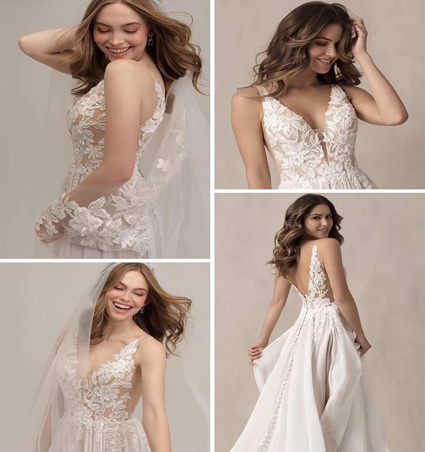 Chiffon Spaghetti Straps Wedding Dresses for Bride Lace Applique V Neck A Line Sparkly Bridal Gown with Train