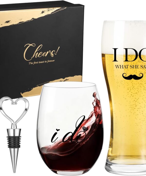 AW BRIDAL Engagement Gifts for Couples 2025, Mr Mrs Wine Glasses and Beer Mug Set, Newlywed Gift for the Couple, Bride and Groom Glasses for Wedding Bridal Shower, Bride to Be Gifts with Wine Stopper