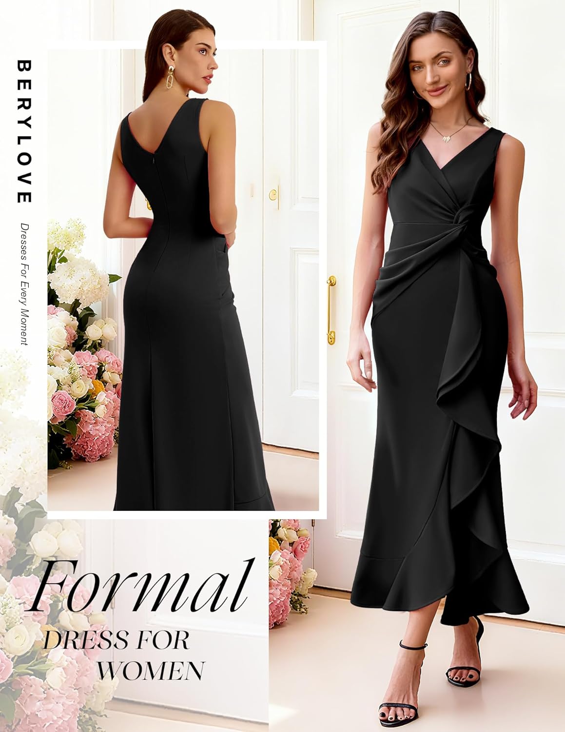 BeryLove Formal Wedding Guest Evening Midi Ruffle Dresses Cocktail Elegant Dress