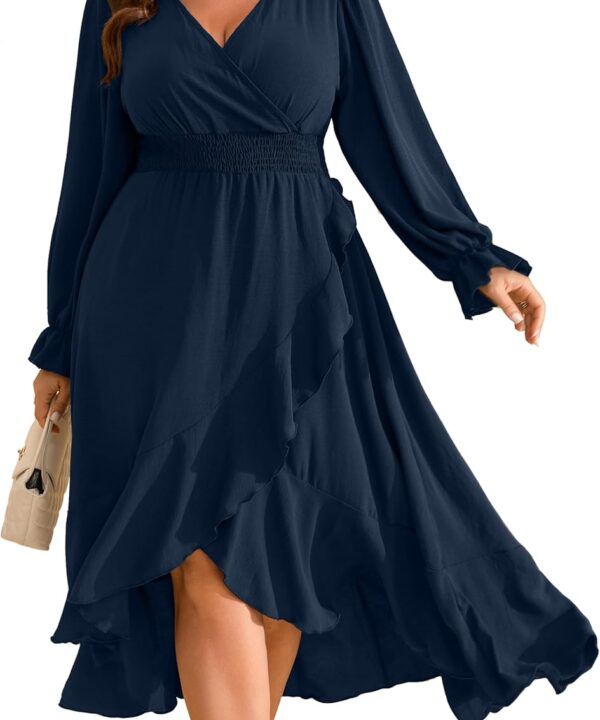 RWJ Women's Plus Size Wedding Guest Maxi Dress Wrap V Neck Long Sleeve High Low Ruffle Cocktail Fall Dresses