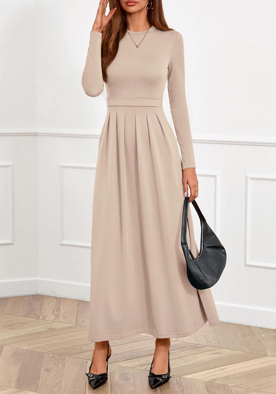 BTFBM Long Sleeve Dress for Women 2025 Winter Business Casual Clothes Pleated Fall Wedding Guest Dresses Pockets