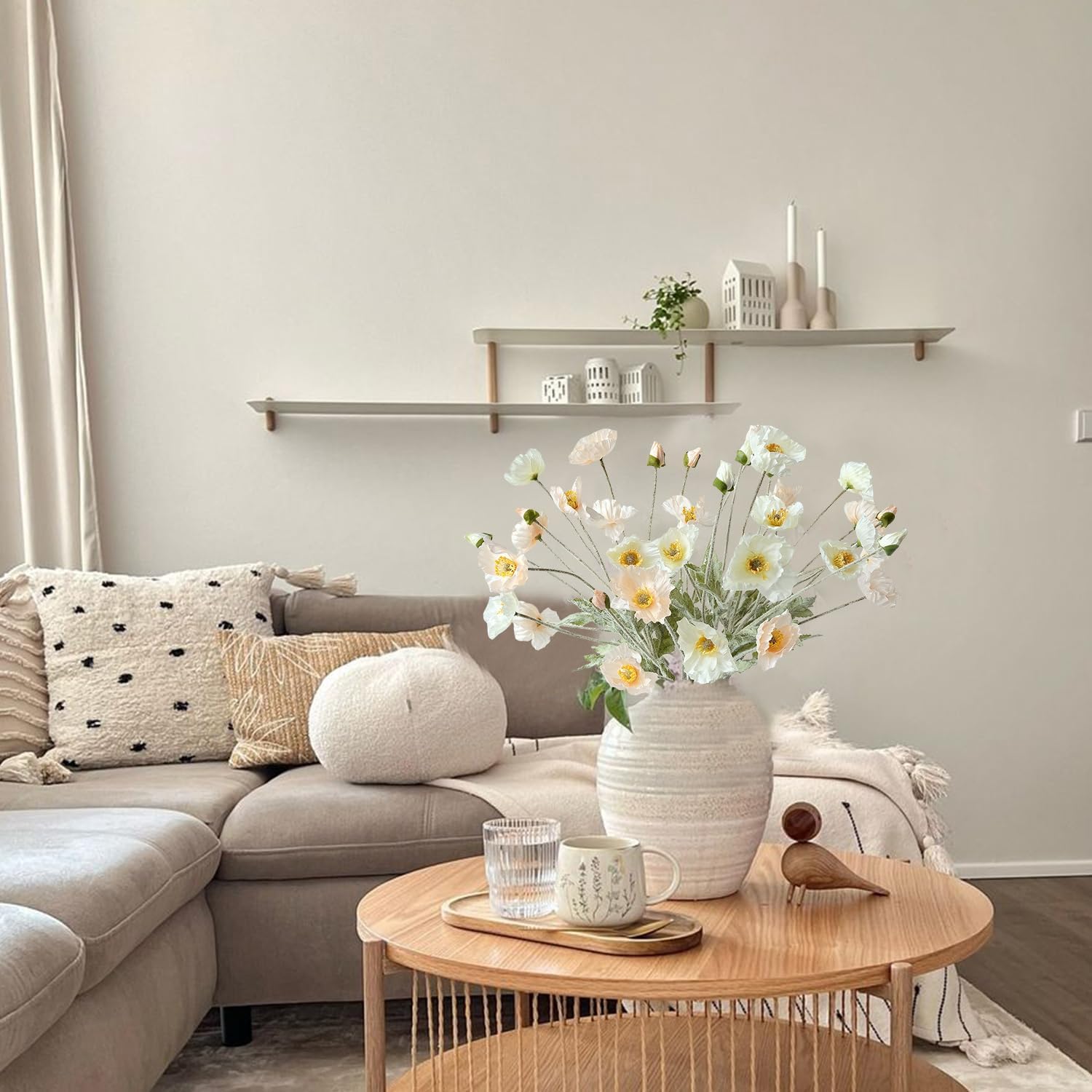 White Poppy Silk Flowers, 6pcs Lifelike Artificial Plants & Flowers, Faux Poppies Bouquet with Long Stems for Spring Kitchen Table Centerpiece Wedding Baby Shower Home Cemetery