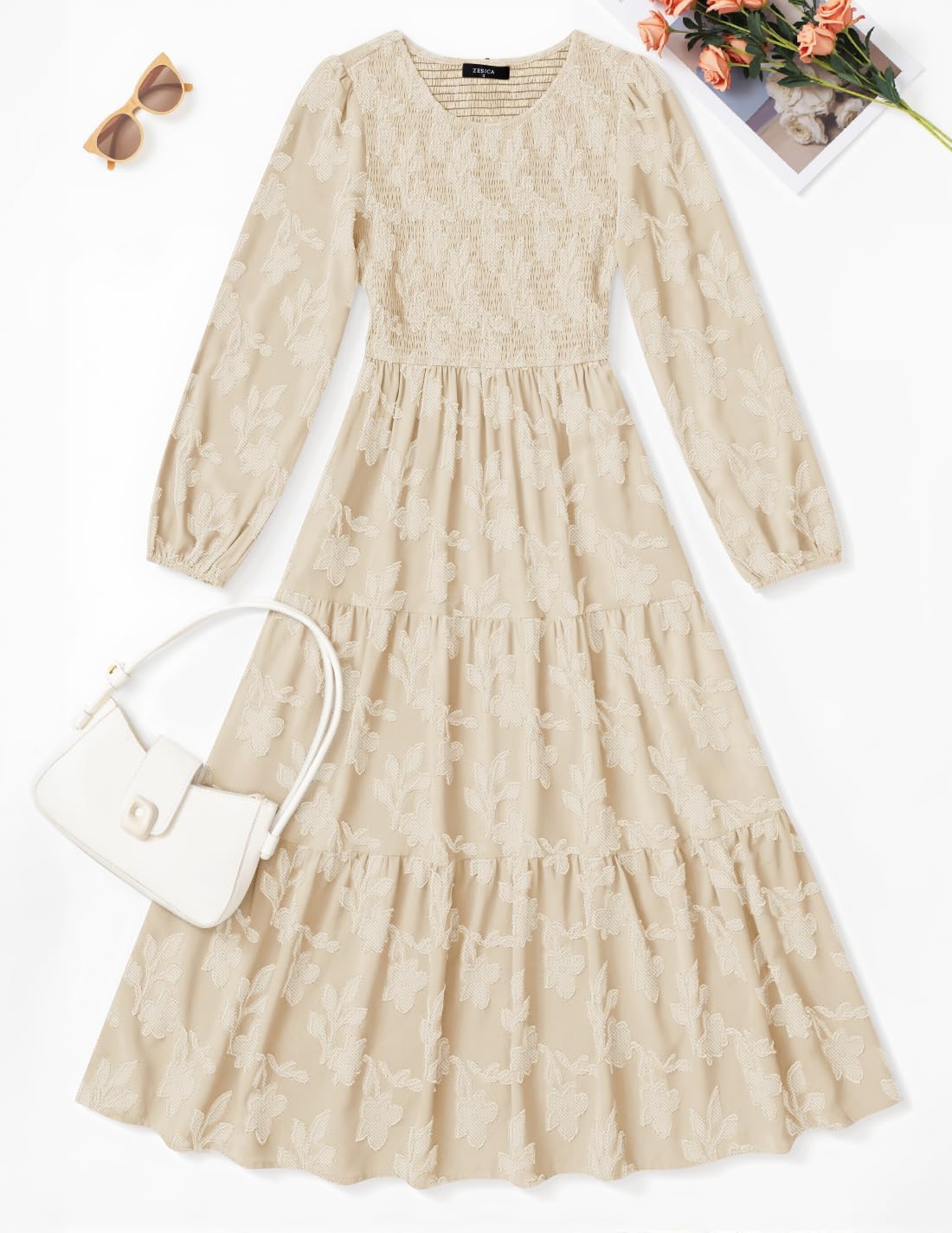 ZESICA Women’s Fall Boho Floral Midi Dress 2025 Casual Long Sleeve Crewneck Flowy Wedding Guest Long Dresses