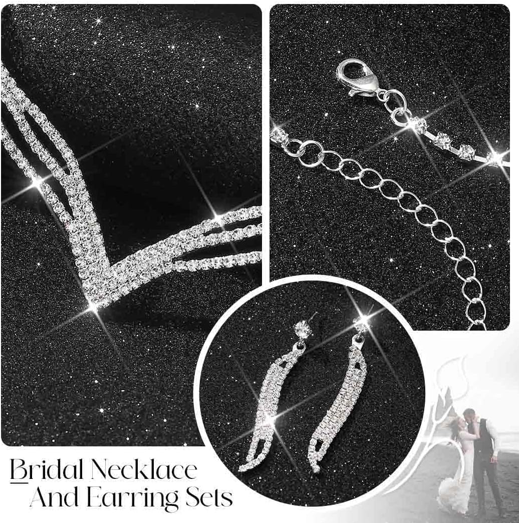 Unicra Wedding Jewelry Set Silver Rhinestone Necklace Earrings Set Prom Jewelry sets for Brides and Women