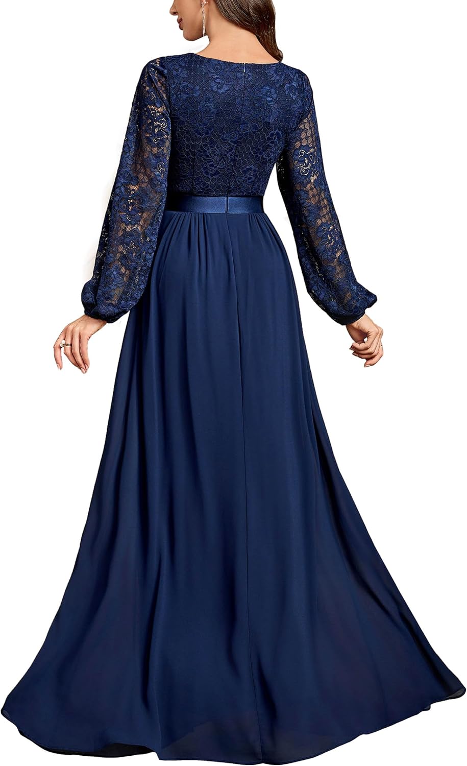 Miusol Womens Wedding Guest A-Line Dress Floral Lace Deep V Neck Long Sleeve Formal Evening Gown