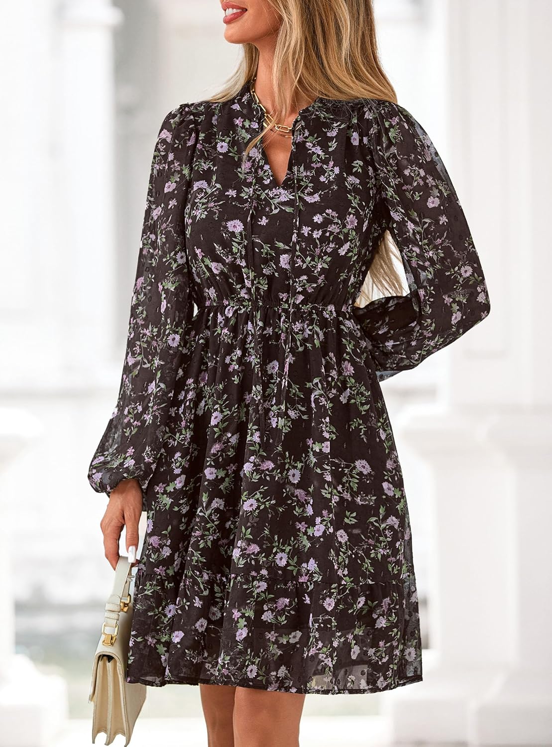 PRETTYGARDEN Womens Fall Boho Dresses 2025 Floral Long Sleeve V Neck Mini Flowy Wedding Guest Dress Trendy Vacation Outfits