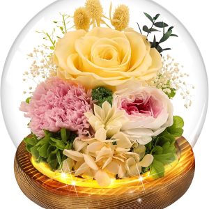 Yellow Rose Gifts for Womens for Mom Wife Girlfriend Mom - Preserved Real Rose in Glass Dome with LED Strip, Forever Flowers for Delivery on Birthday Anniversary