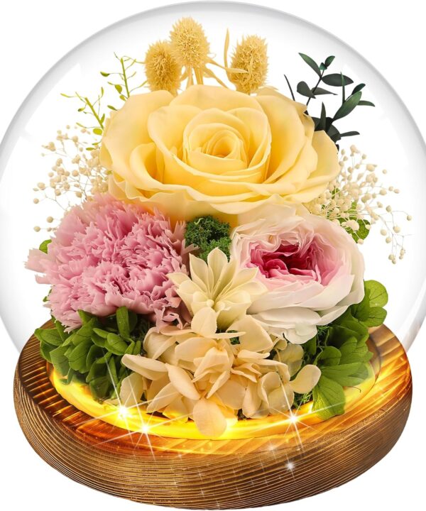 Yellow Rose Gifts for Womens for Mom Wife Girlfriend Mom - Preserved Real Rose in Glass Dome with LED Strip, Forever Flowers for Delivery on Birthday Anniversary