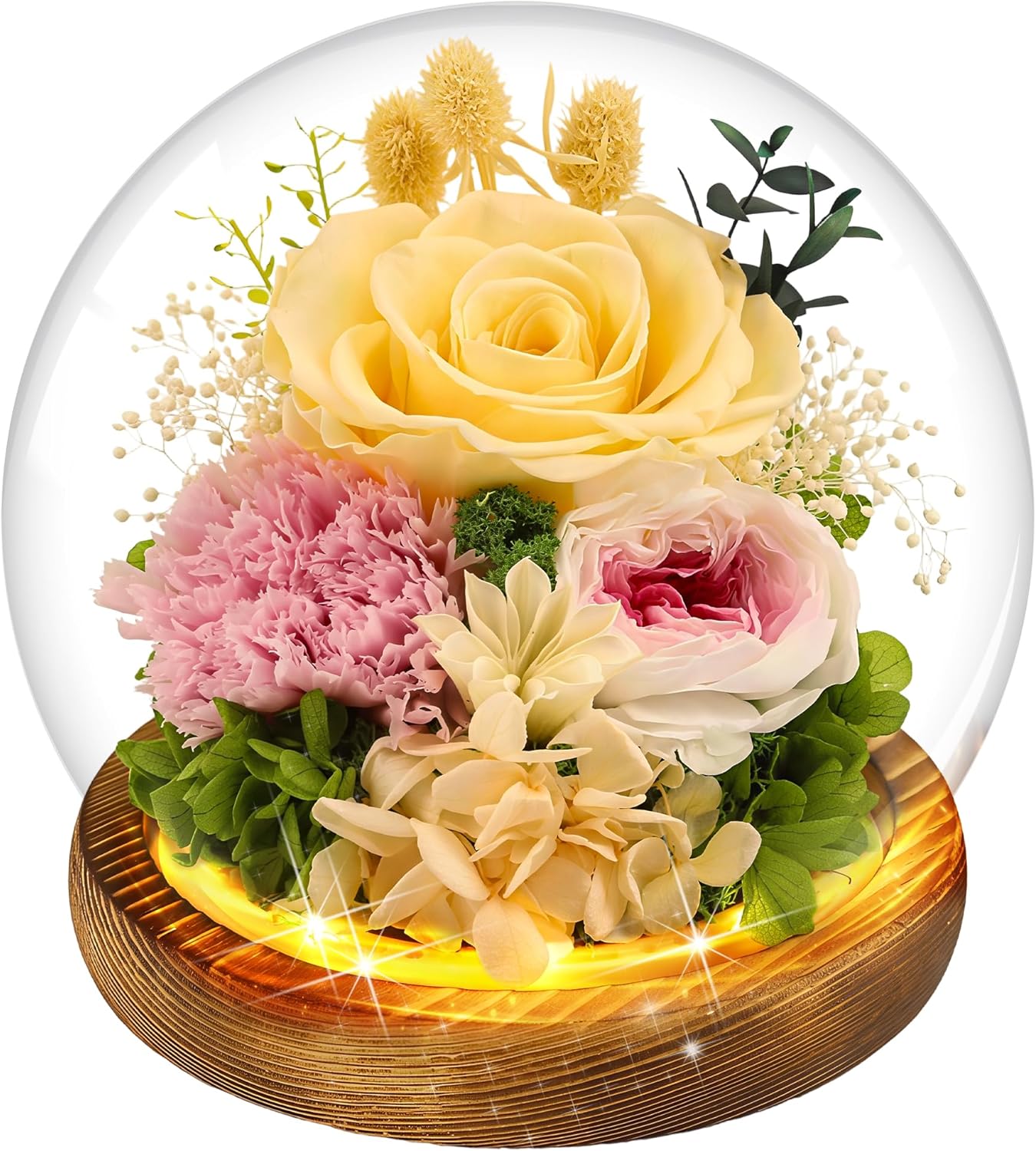 Yellow Rose Gifts for Womens for Mom Wife Girlfriend Mom - Preserved Real Rose in Glass Dome with LED Strip, Forever Flowers for Delivery on Birthday Anniversary