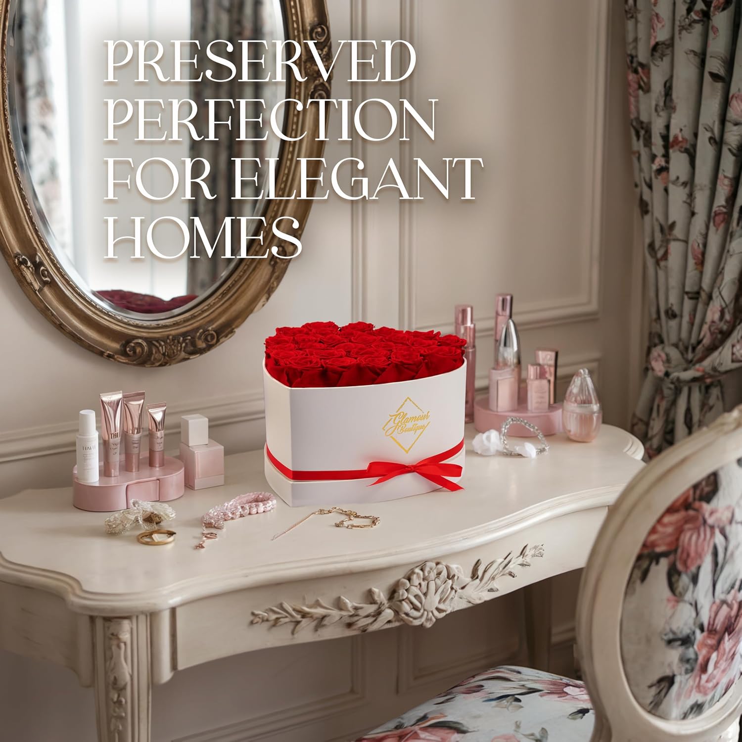 GLAMOUR BOUTIQUE Preserved Roses in a Box – Gifts for Her, Wife & Mom, Rose Flowers Forever Decor for Birthday Gift, Get Well Flower Bouquet Cased in White Box with Cover – Red – 27-Piece