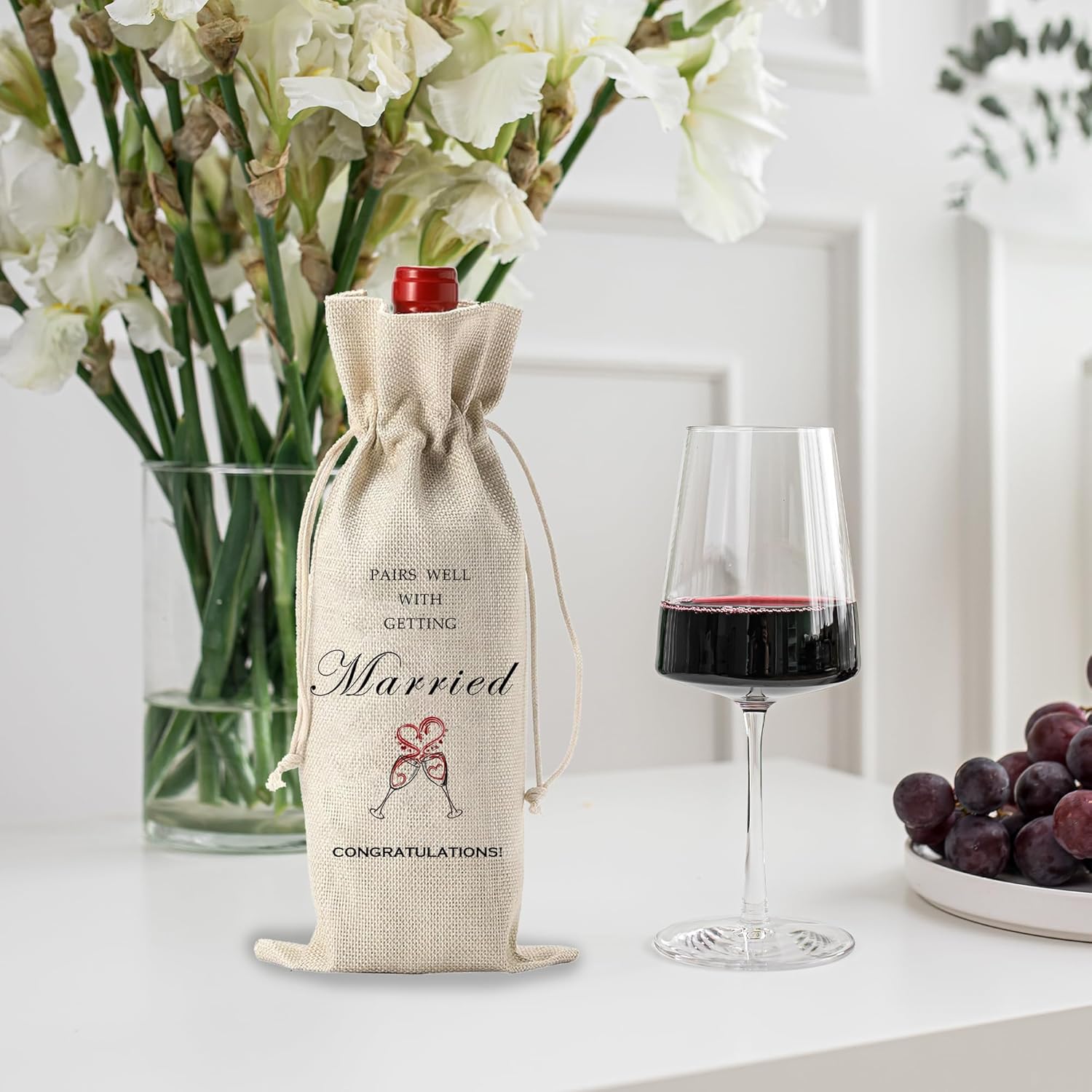 Burlap Wine Bags With Drawstrings & Wood Coaster-Pairs Well With Getting Married-Congratulations Bottle Bags For Bride & Groom-Reusable Wine Gift Bags For Bridal Shower Wedding Party Favors-A10