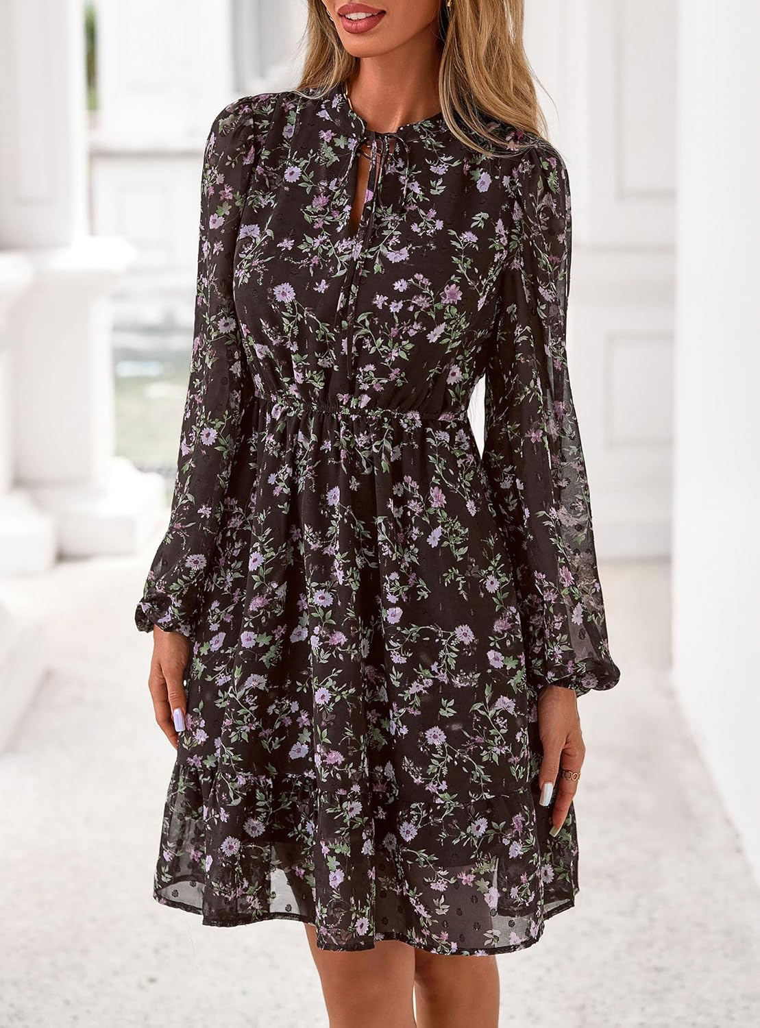 PRETTYGARDEN Womens Fall Boho Dresses 2025 Floral Long Sleeve V Neck Mini Flowy Wedding Guest Dress Trendy Vacation Outfits