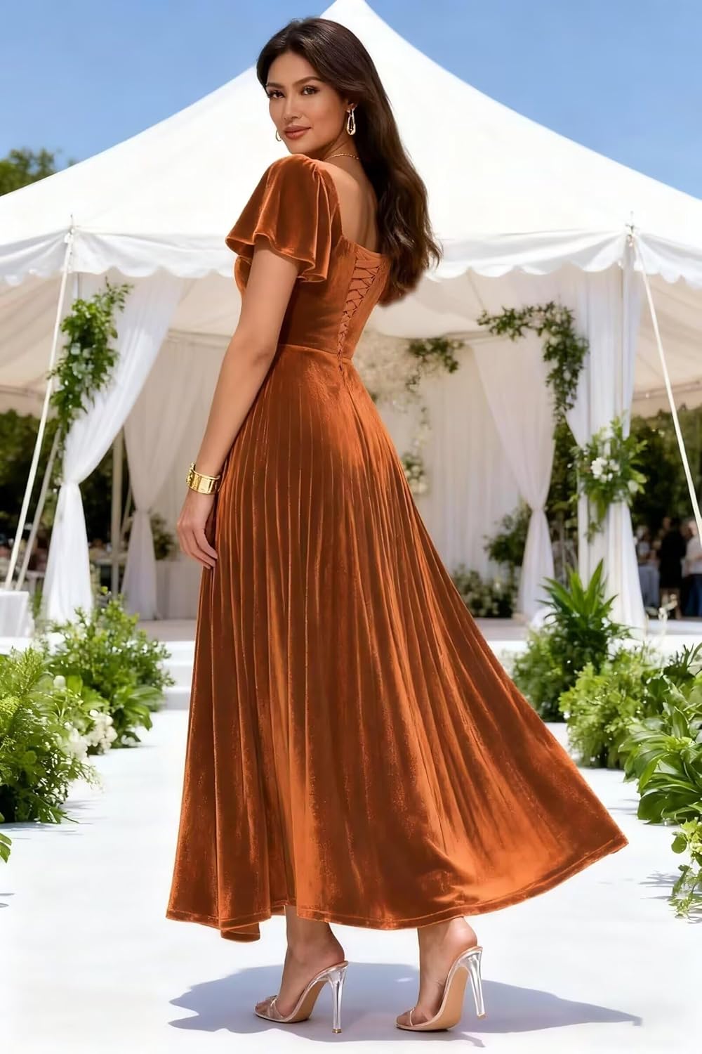 Flutter Sleeve Velvet Bridesmaid Dresses 2025 Pleated A Line Long Formal Evening Party Gowns