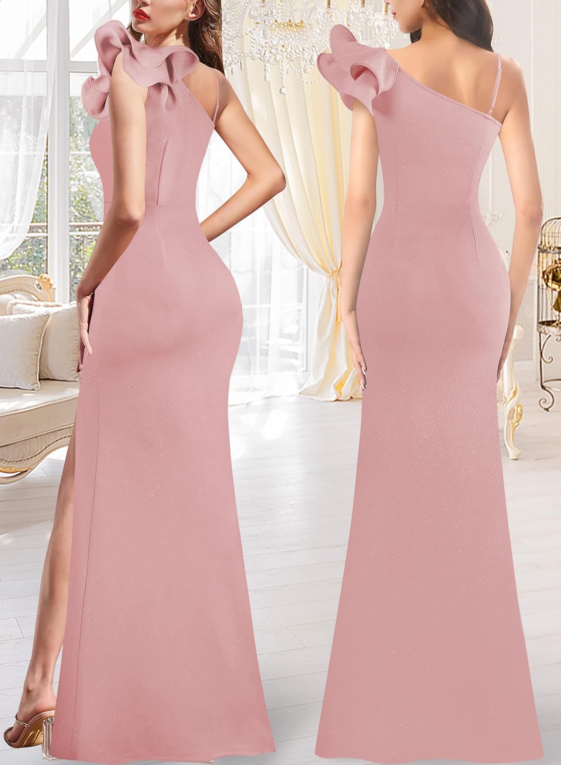 VFSHOW Womens Ruffle One Shoulder Strap Ruched Formal Prom Wedding Maxi Dress V Neck Elegant Split Cocktail Evening Long Gown