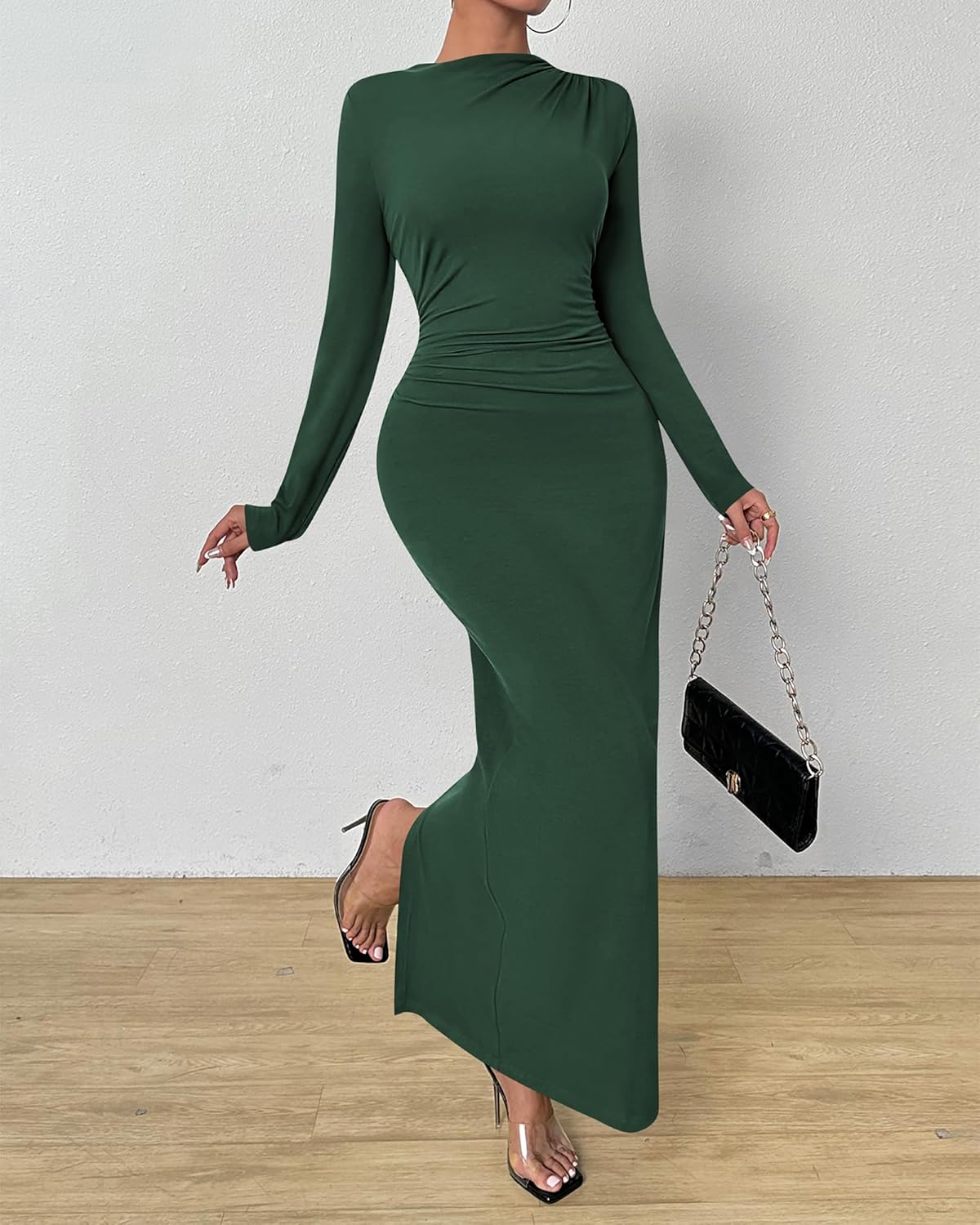 BTFBM Women Bodycon Maxi Dress Long Sleeve Back Slit Ruched Elegant Party Cocktail Formal Fall Wedding Guest Dresses