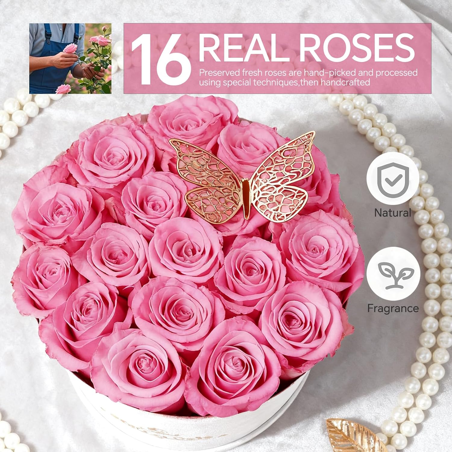 16 Roses in a Box, Preserved Flowers Gifts for Women, Forever Flowers for Delivery, Flower Birthday Gifts Box for Her, Mothers Day Rose Gifts for Mom, Sweet Pink
