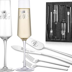 Wedding Cake Knife and Server Set, Bride Groom Mr and Mrs Champagne Flutes Glasses, Cake Cutting Set for Wedding with Forks, Bridal Shower Gifts Wedding Anniversary Engagement Gifts