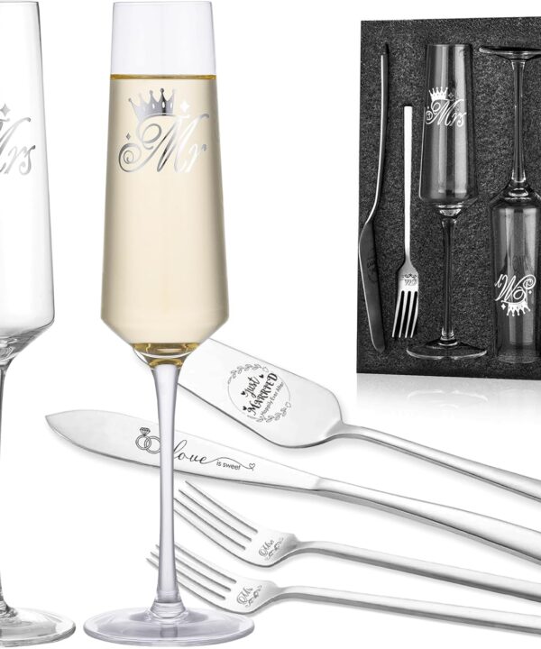 Wedding Cake Knife and Server Set, Bride Groom Mr and Mrs Champagne Flutes Glasses, Cake Cutting Set for Wedding with Forks, Bridal Shower Gifts Wedding Anniversary Engagement Gifts