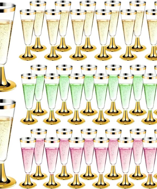 100 Pack Plastic Champagne Flutes with Gold Rim Gold Bottom, 5.5 Oz Clear Disposable Plastic Champagne Glasses, Wine Glasses Cups for Wedding Celebration Party Wine Tasting New Years Eve Supplies