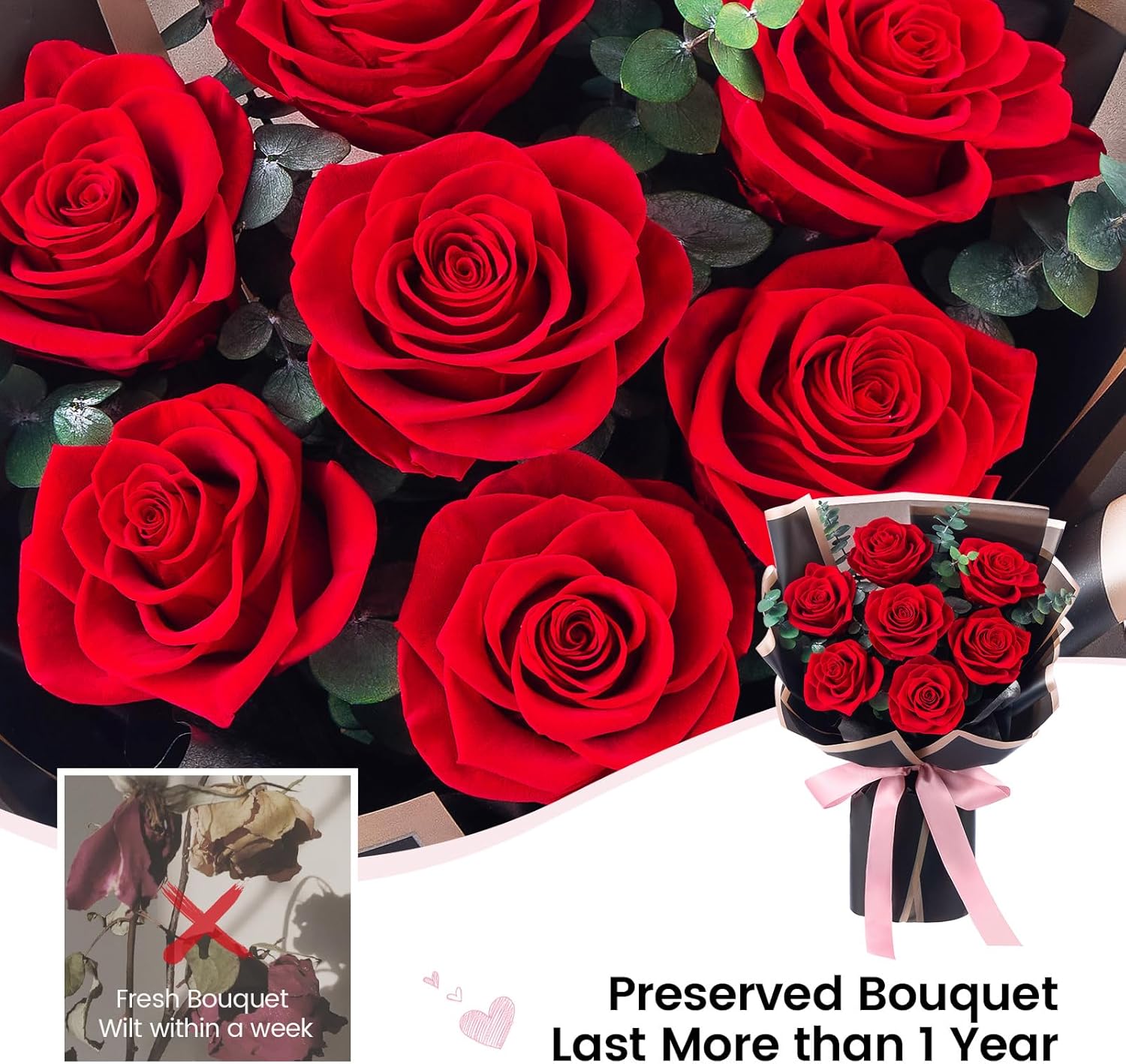 Flower Bouquet Flowers for Delivery Prime 7-Piece Preserved Roses Bouquet Gift for Women Mother Wife Mother Day Wedding Anniversary Birthday (Red Roses)