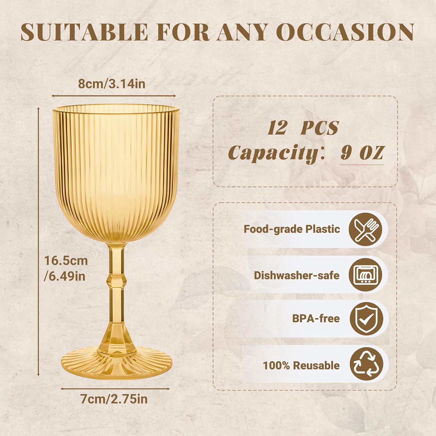Gold Plastic Wine Glasses 9oz Set of 12, Ribbed Vintage Goblets Unbreakable Reusable BPA-Free Stemmed Drinking Glasses for Parties, Weddings & Events