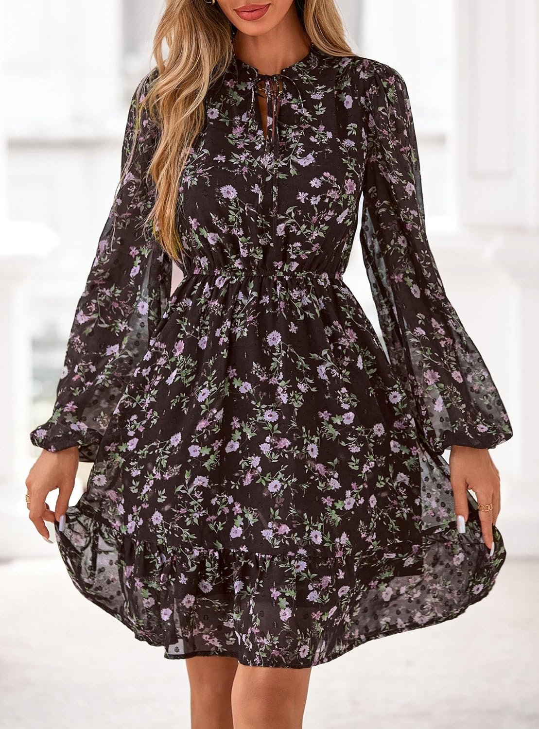 PRETTYGARDEN Womens Fall Boho Dresses 2025 Floral Long Sleeve V Neck Mini Flowy Wedding Guest Dress Trendy Vacation Outfits