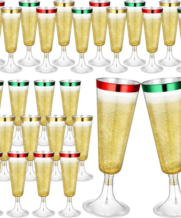 24 Pcs Plastic Champagne Flutes 4 oz Clear Toasting Glasses Disposable Plastic Wine Glasses Cocktail Cup for Christmas Xmas Wedding Bridal Shower Birthday Anniversary(Red,Green,Gold)