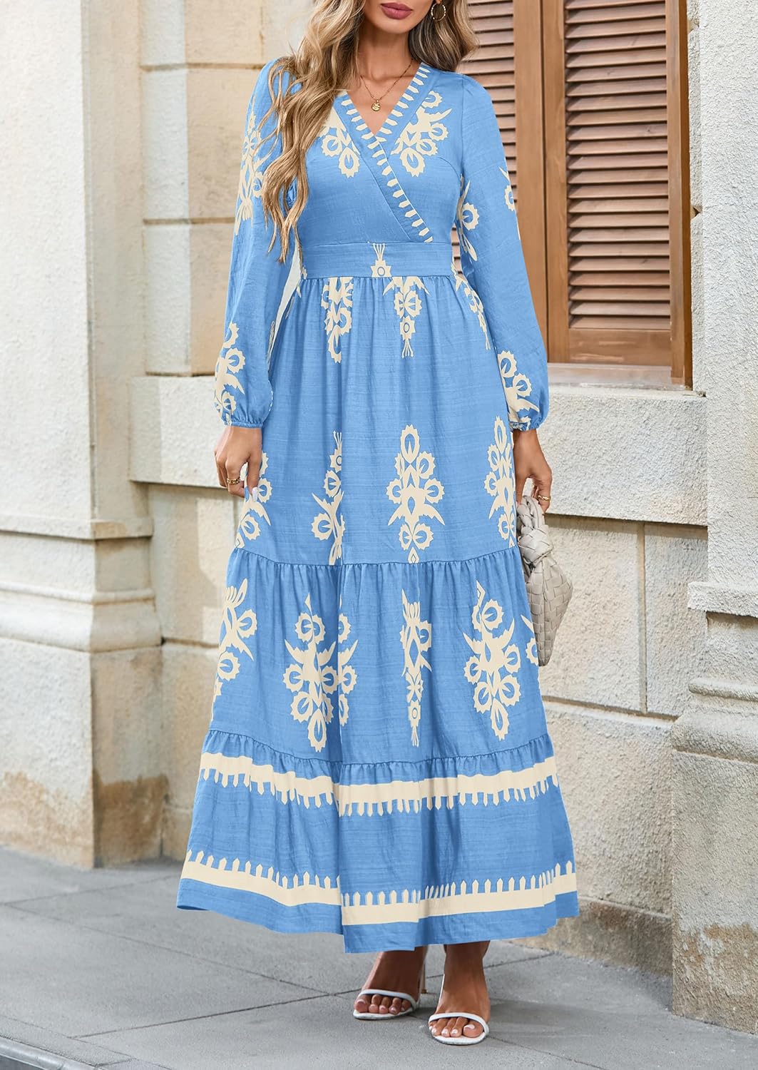 PRETTYGARDEN Womens 2025 Fall Wedding Guest Dresses Boho Floral Long Sleeve V Neck Flowy Elegant Maxi Dress Beach Clothes