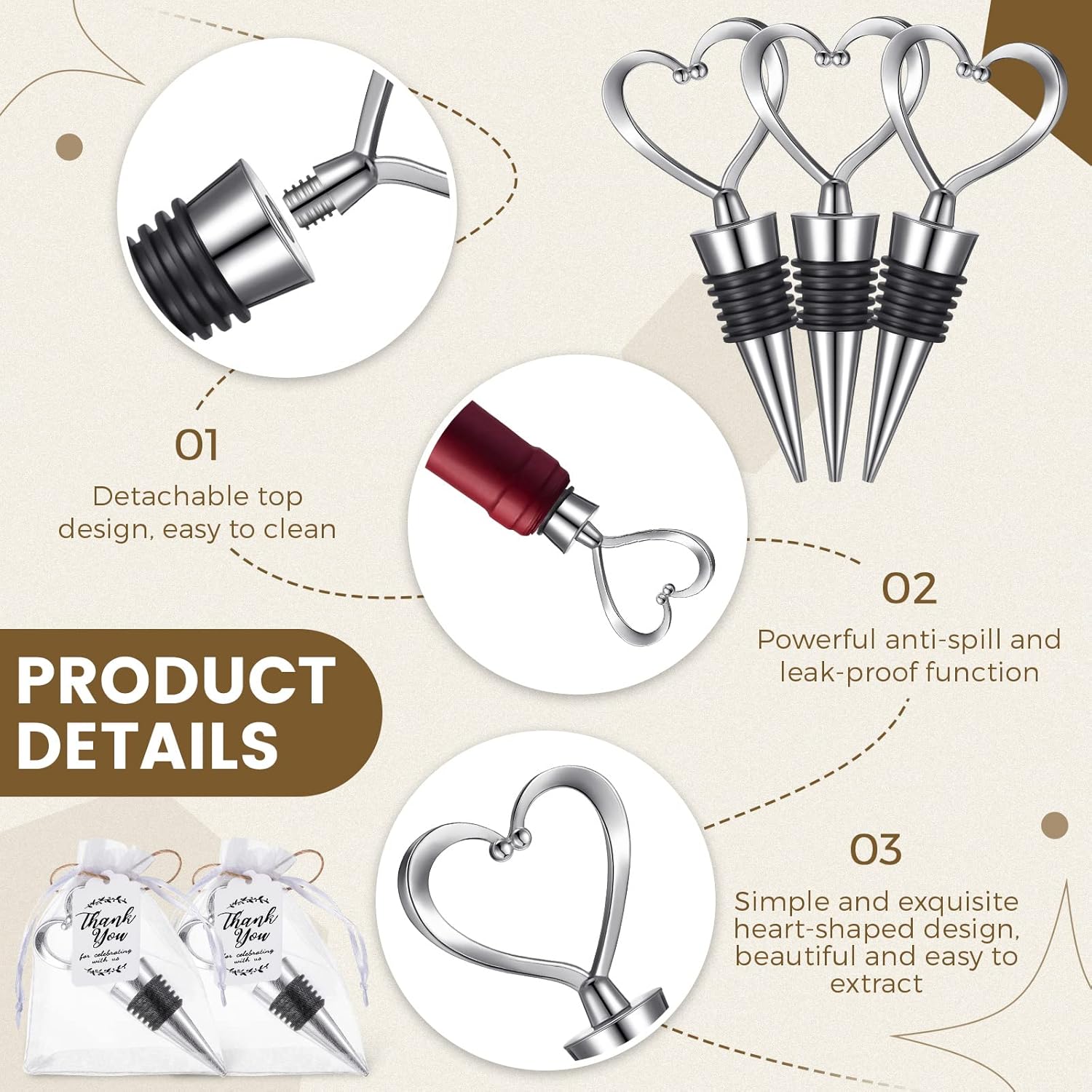 30 Pcs Heart Shape Wine Stoppers Love Wine Bottle Stopper Silver Champagne Beer Bottle Stopper 50 White Kraft Labels 30 Sheer Bags with String for Wedding Gift Valentine Decorations