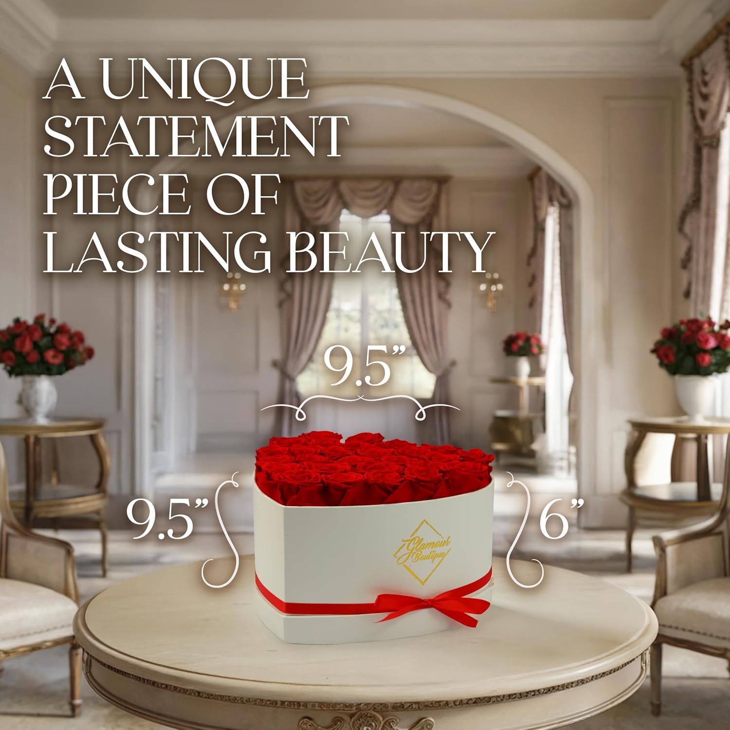 GLAMOUR BOUTIQUE Preserved Roses in a Box – Gifts for Her, Wife & Mom, Rose Flowers Forever Decor for Birthday Gift, Get Well Flower Bouquet Cased in White Box with Cover – Red – 27-Piece
