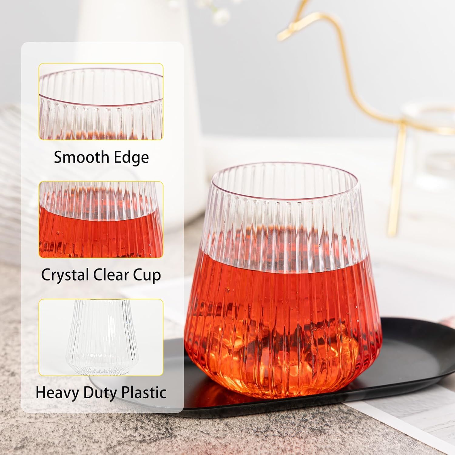 N9R 24 Count plastic wine glasses disposable 12oz – Elegant Origami Ripple Design, Shatterproof & Disposable for Whiskey, Cocktail, Champagne, Parties, Weddings, Events
