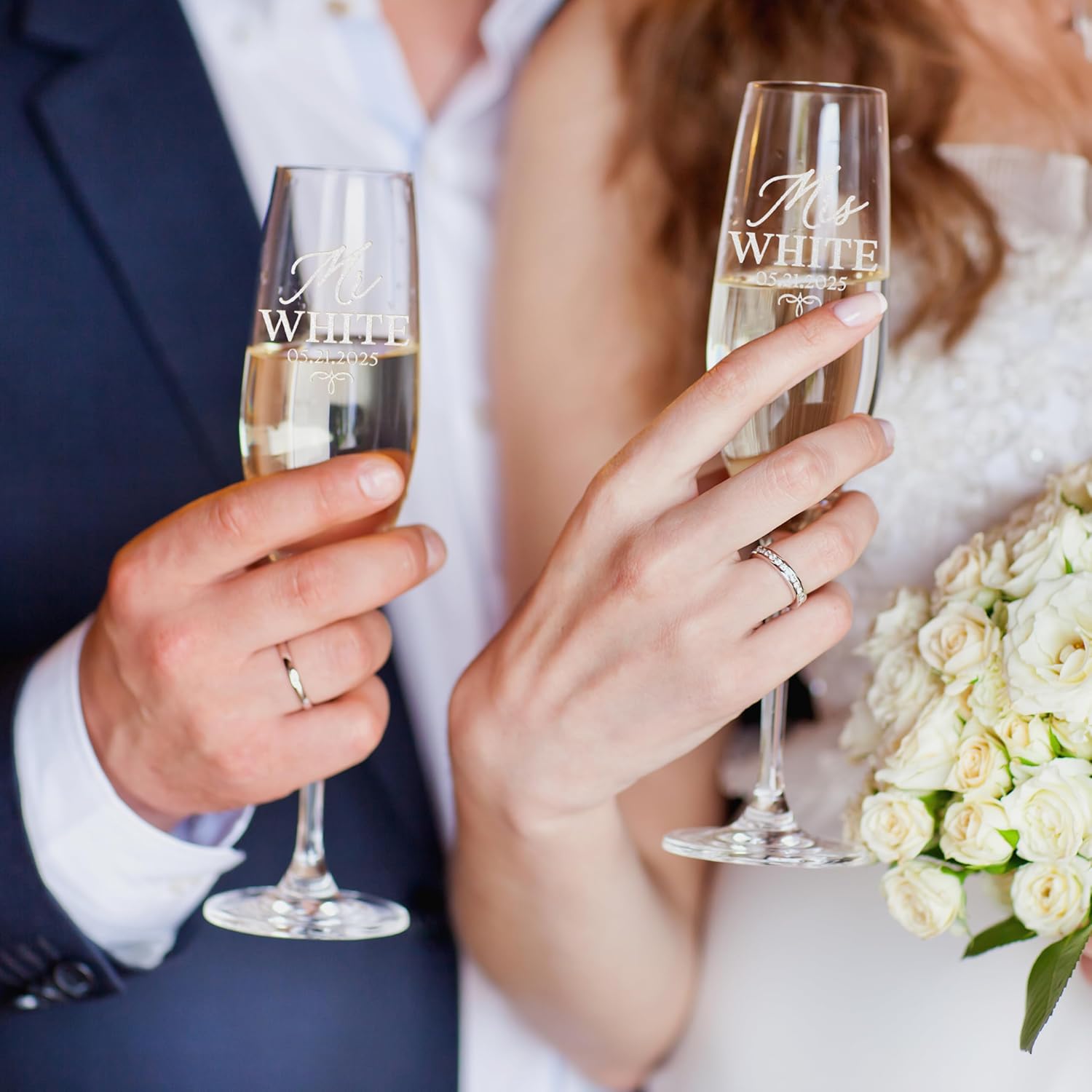Set of 2 Personalized Champagne Flutes, Custom Engraved Toasting Glasses for Wedding, Anniversary, Bride & Groom, Couples, Laser Etched Elegant Flute Glasses for Celebrations & Gifts