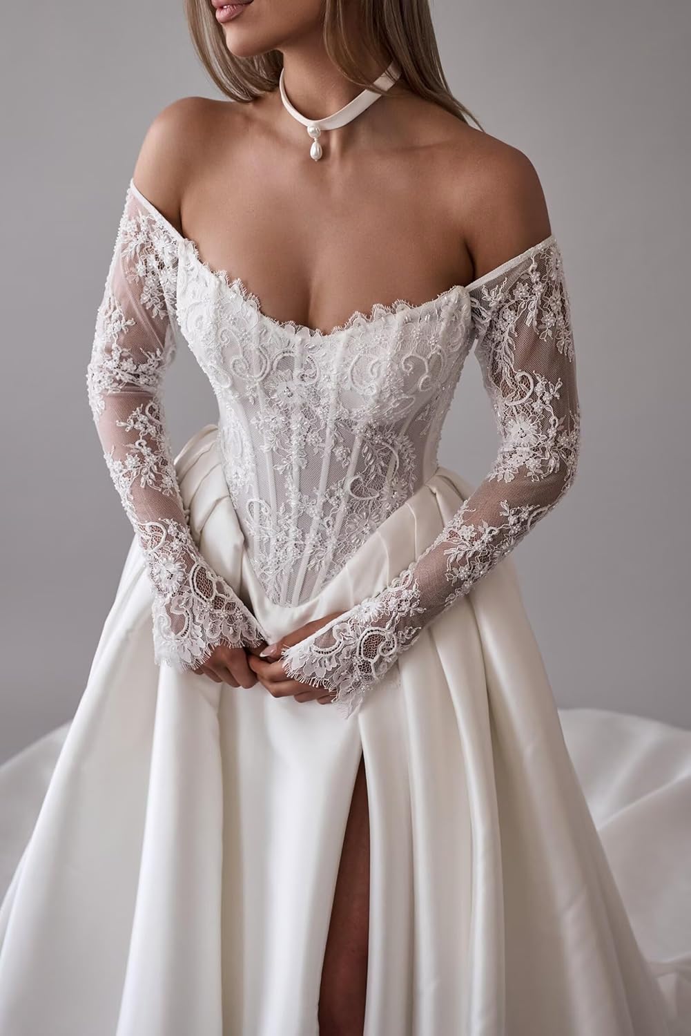 Zeeyecie Off The Shoulder Long Sleeve Satin Wedding Dresses A-Line Beaded Lace Applique Sparkly Bridal Gowns for Brides