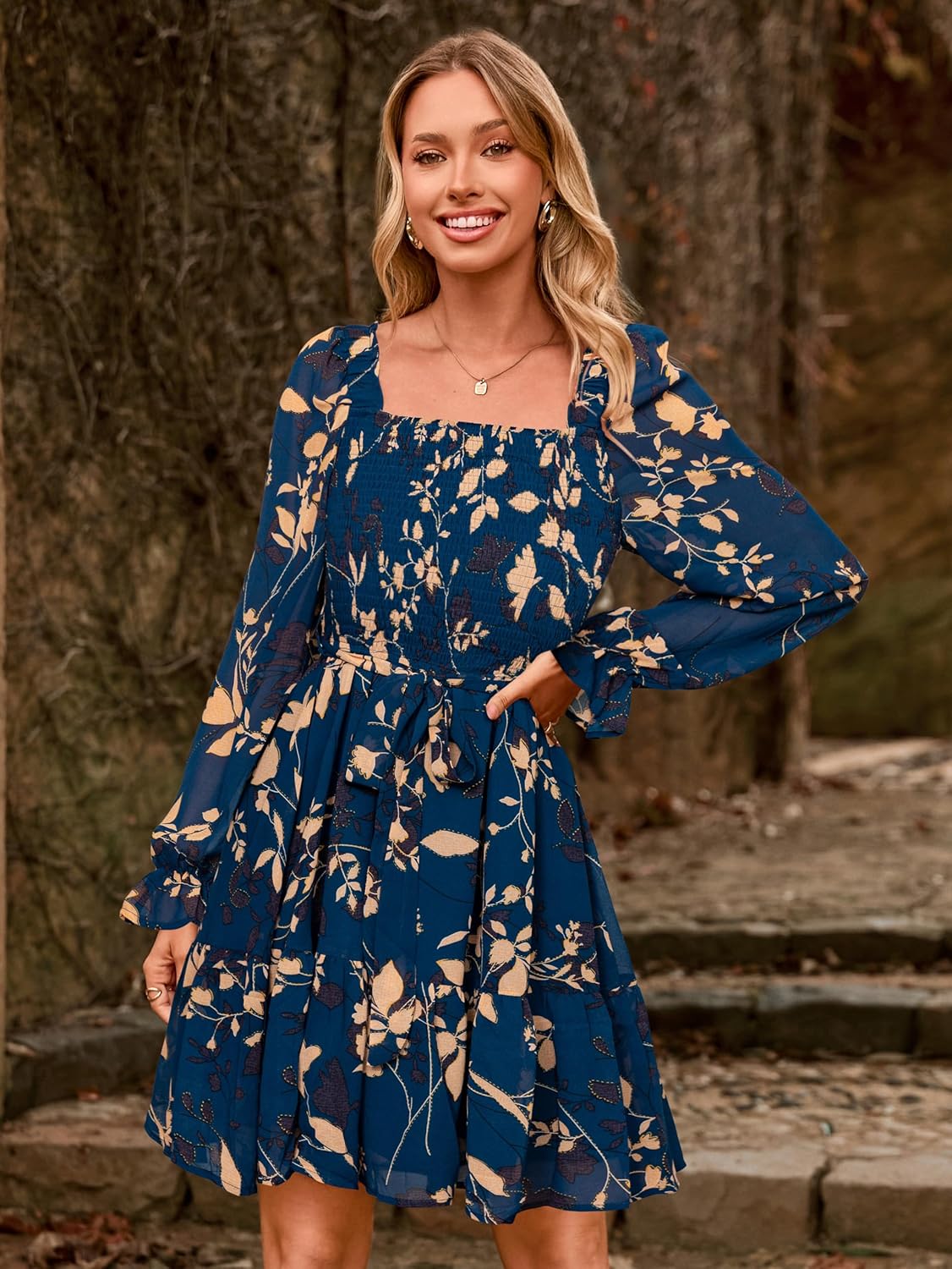 Simplee Womens Boho Long Sleeve Mini Dress Floral Square Neck Smocked A-Line Flowy Short Fall Wedding Guest Dresses