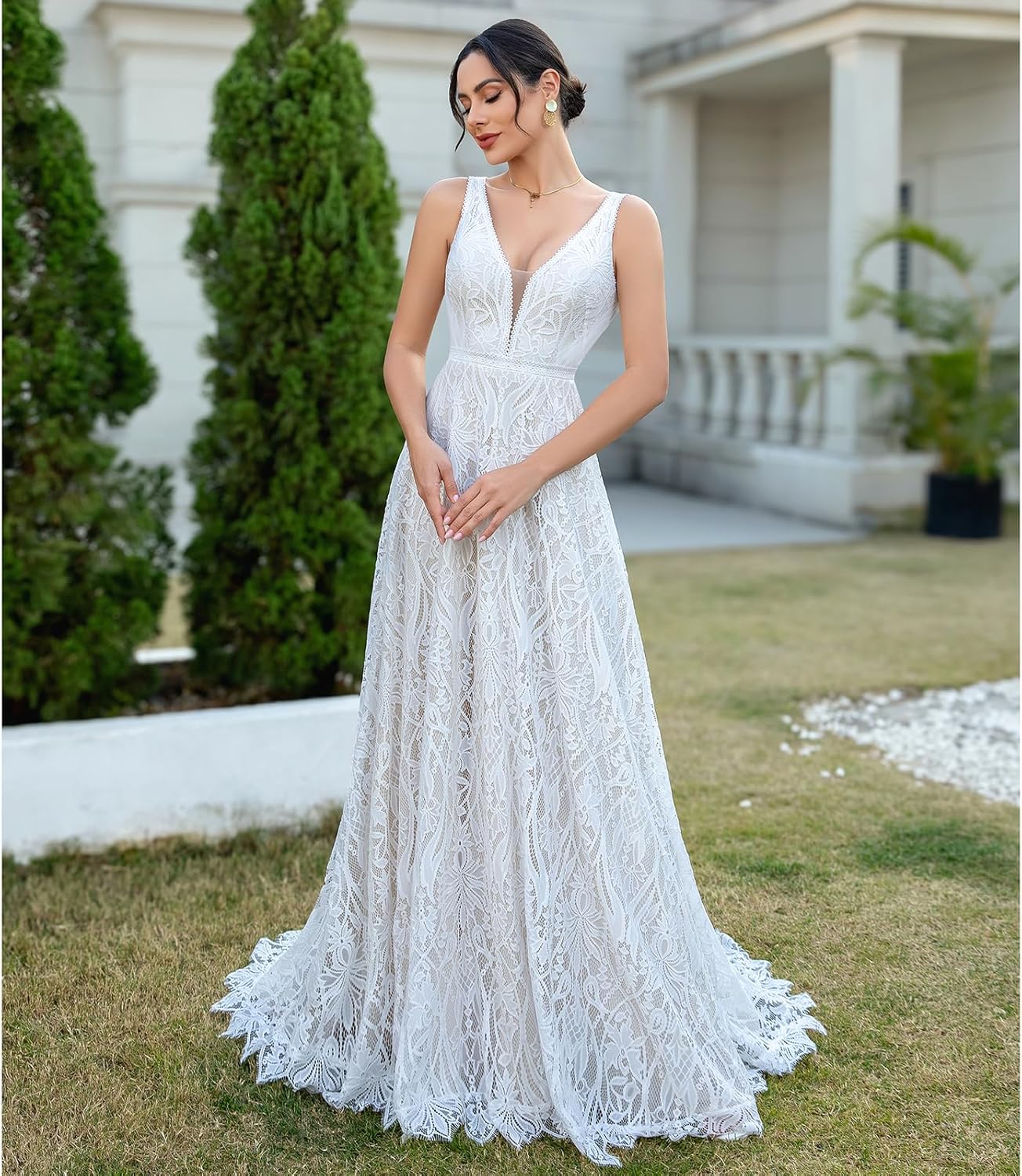 WIOJEIGO Women’s Lace Boho Wedding Dress for Bride with Double Shoulders 2025 Bohemian Long A-Line Beach Bridal Gowns