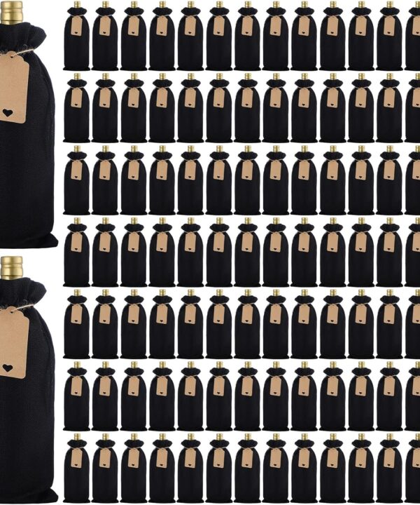 Nuogo 100 Pcs Black Burlap Wine Bag with Drawstring Bulk, Reusable Jute Wine Bottle Gift Bags with Tags and Ropes for Wedding Birthday Holiday Retirement Tasting Party Gift