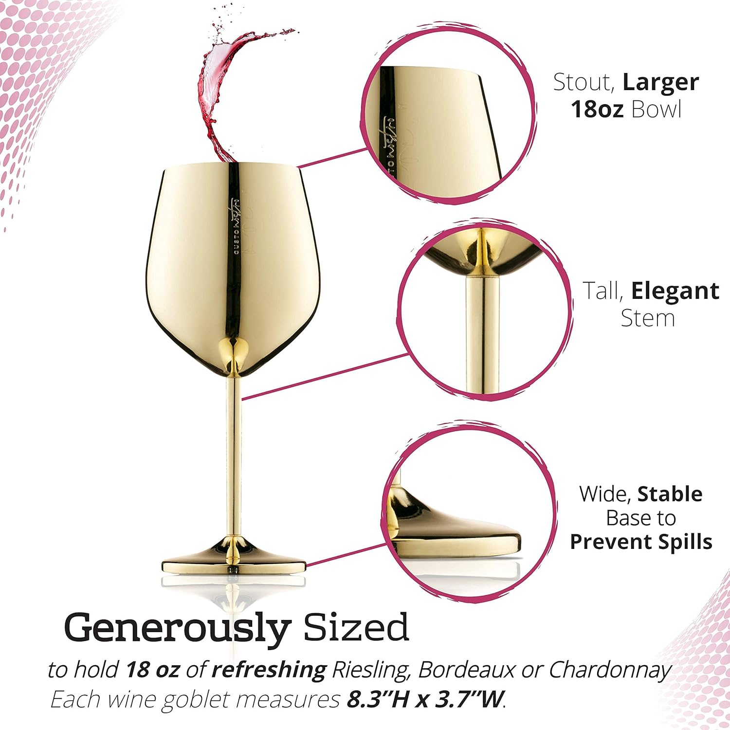 Gusto Nostro Stainless Steel Wine Glass – 18 oz Unbreakable Gold Wine Glasses for Travel, Camping and Pool – Fancy, Unique and Cute Portable Metal Wine Glass for Outdoor Events, Picnics (Set of 2)