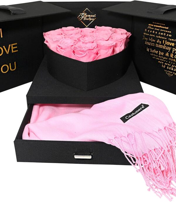 GLAMOUR BOUTIQUE Black Open Heart Love Box with 16 Preserved Roses - Enchanted Flower, Gifts for Her, Mom, & Daughter, 9.45" x 9.45" x 8.6" - Pink Roses with Matching Scarf