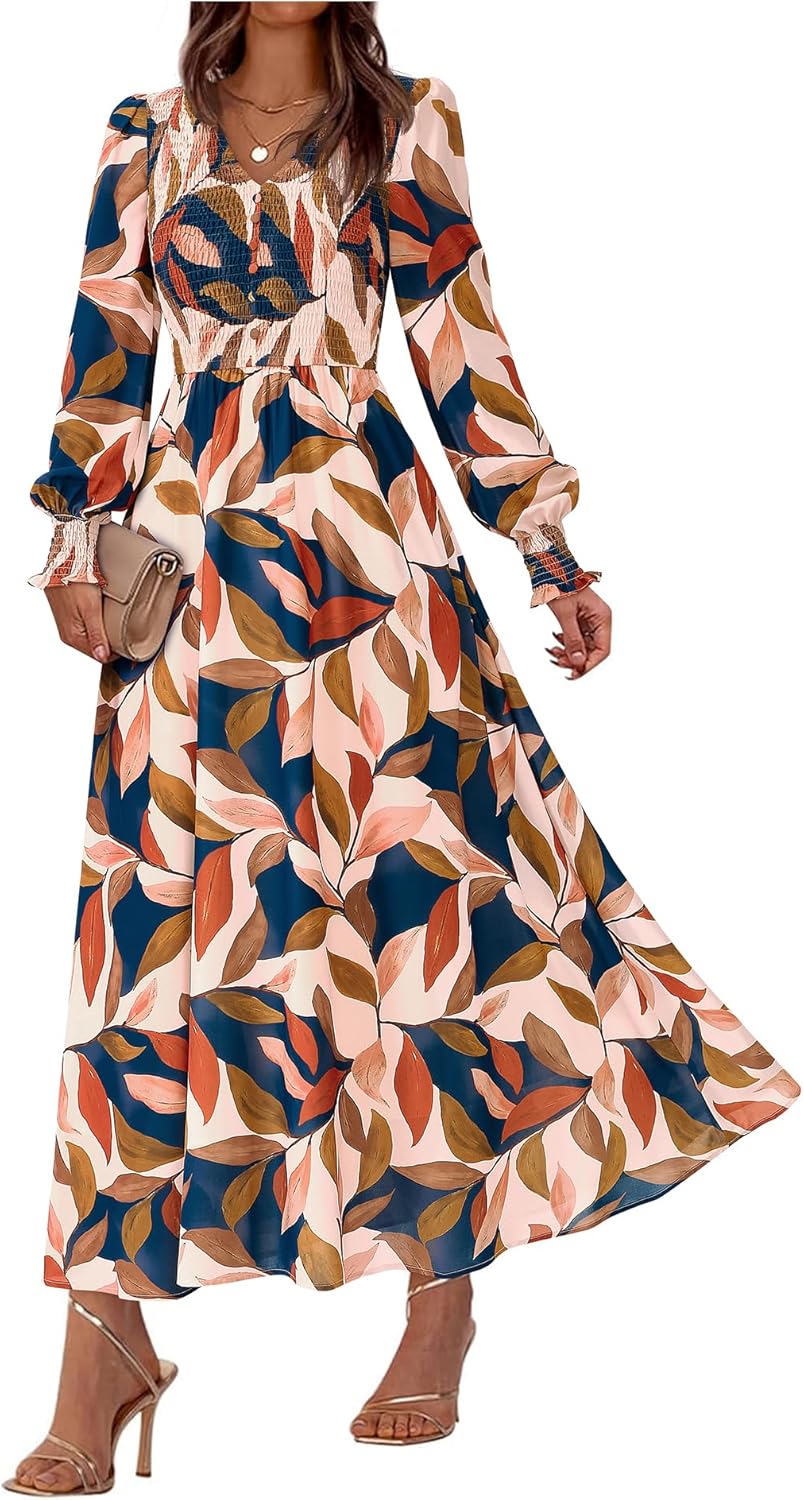 BTFBM Women Fall Wedding Guest Maxi Dresses 2025 Floral V Neck Long Sleeve Boho Long Dress Vacation