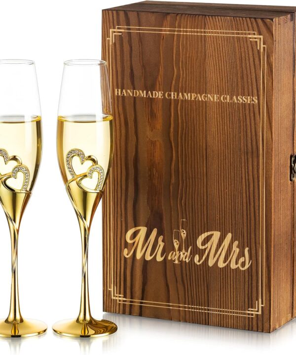 NUPTIO Crystal Champagne Flutes Wedding: Set of 2 Gold Champagne Glasses with Wooden Gift Box Prosecco Glass Pair for Couples Bride & Groom Engagement Anniversary Bridal Showers Toasting Gift Sets