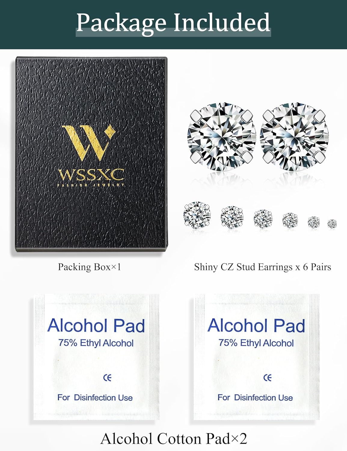 6 Pairs Stud Earrings Set, Hypoallergenic Cubic Zirconia 316L Earrings Stainless Steel CZ Earrings 3-8mm (Steel color)