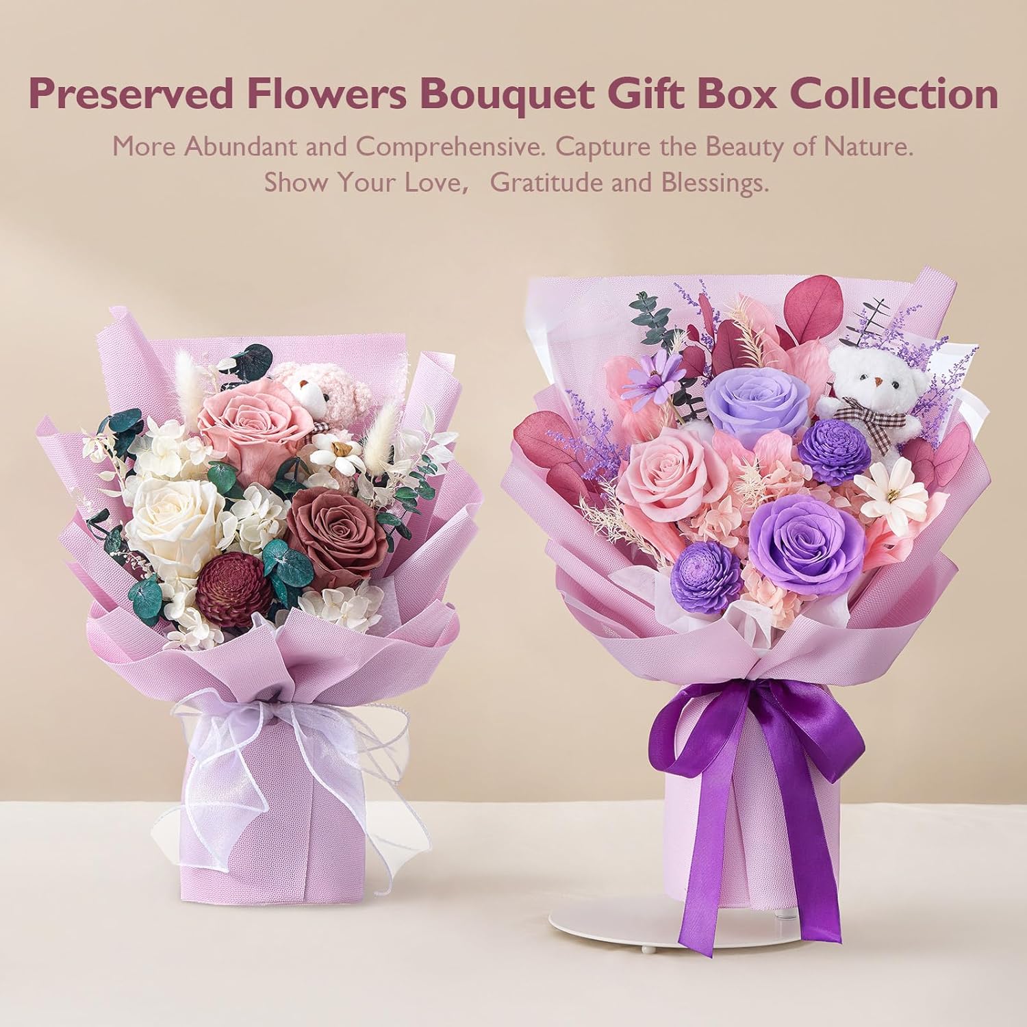 Polylove Forever Flower Bouquet Flowers for Delivery Prime Preserved Roses with Bear Gift Box for Wife Women Mother Day Anniversary Birthday (Purple)