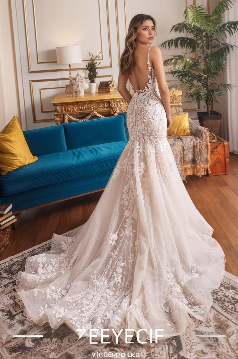 Zeeyecie Mermaid Tulle Wedding Dresses Lace Applique Corset V-Neck Sparkly Bridal Gowns with Train for Brides