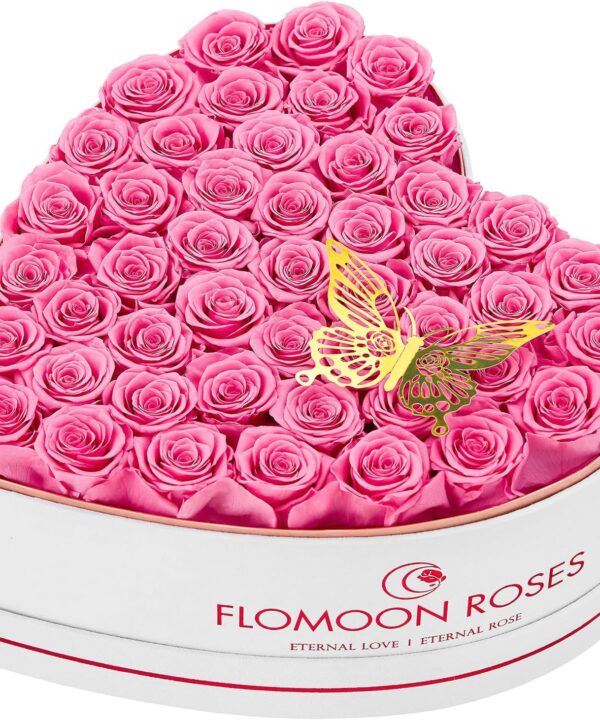 47-Piece Forever Flowers in Heart Shape Box, Mother's Day Preserved Roses Gift for Her, Preserved Flowers Gifts for Mom Birthday Valentine's Day, Rose Long Lasting That Last Over a Year, Pink