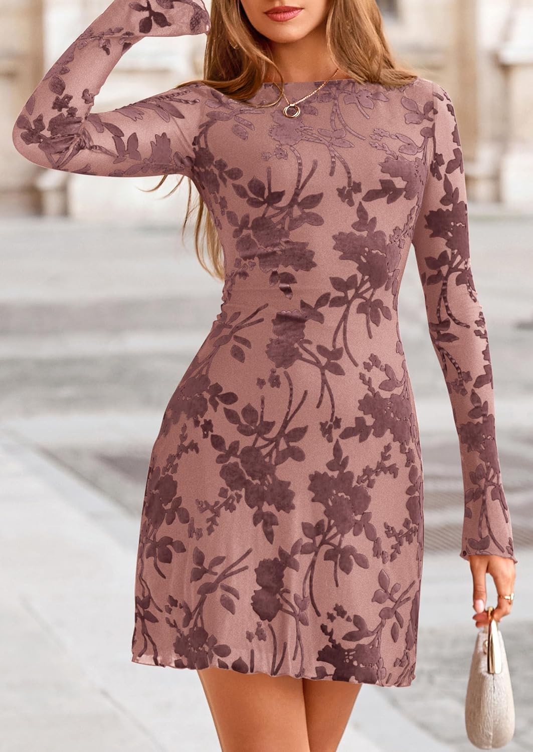 PRETTYGARDEN Women’s 2025 Fall Fashion Floral Long Sleeve Mini Dress Mesh Bodycon Short Party Date Night Going Out Dresses