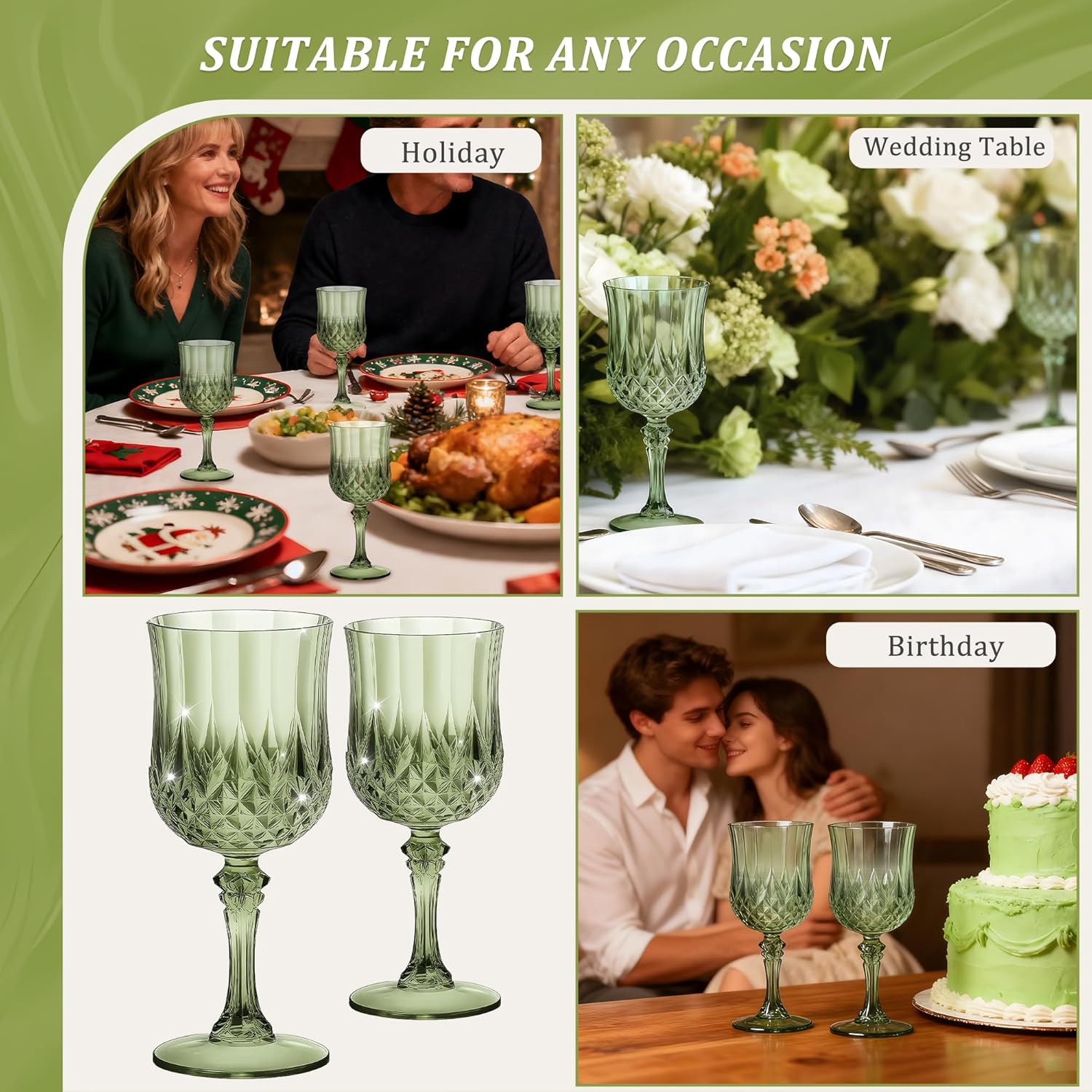 24PCS 7OZ Green Wine Plastic Glasses, Drinking Champagne Glasses Flutes Crystal Vintage Water Unbreakable Goblets for Wedding, Parties