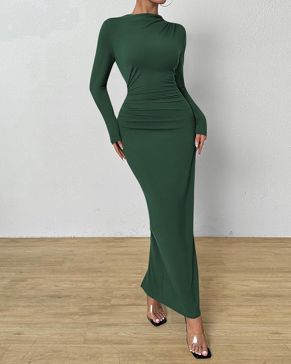 BTFBM Women Bodycon Maxi Dress Long Sleeve Back Slit Ruched Elegant Party Cocktail Formal Fall Wedding Guest Dresses