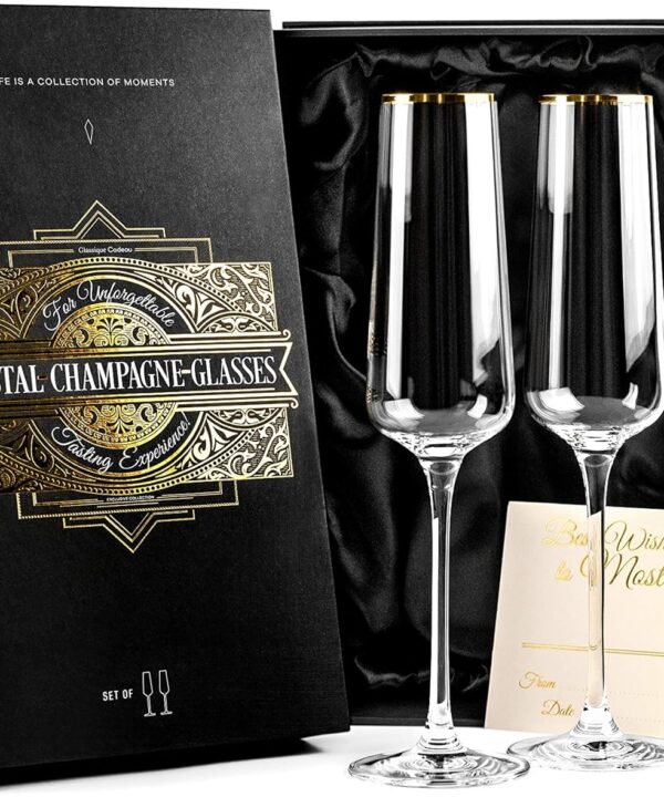 Gold Rim Champagne Gift Glasses | Set of 2 | Crystal Square Toasting Flutes for Bride and Groom, Wedding, Anniversary, Birthday | Elegant Long Stemmed Glassware for Sparkling Wine, Prosecco
