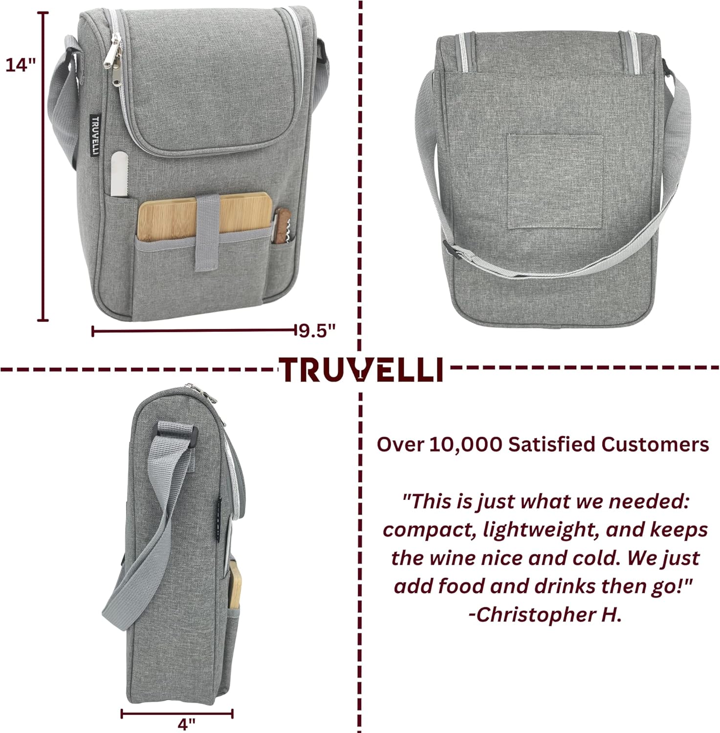 Truvelli Insulated Wine Tote Bag: Portable 2 Bottle Cheese Waterproof Black Canvas Carrier Picnic Kit – Stopper Attachment, Plus Wooden Charcuterie Board